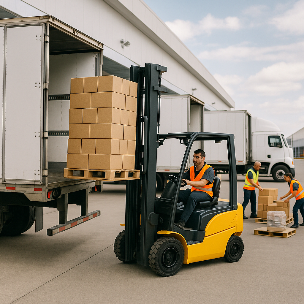 Forklift unloading pallets at retail distribution dock