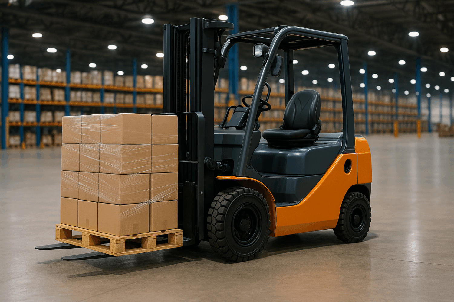 Electric forklift lifting pallet of boxes inside a warehouse for material handling efficiency